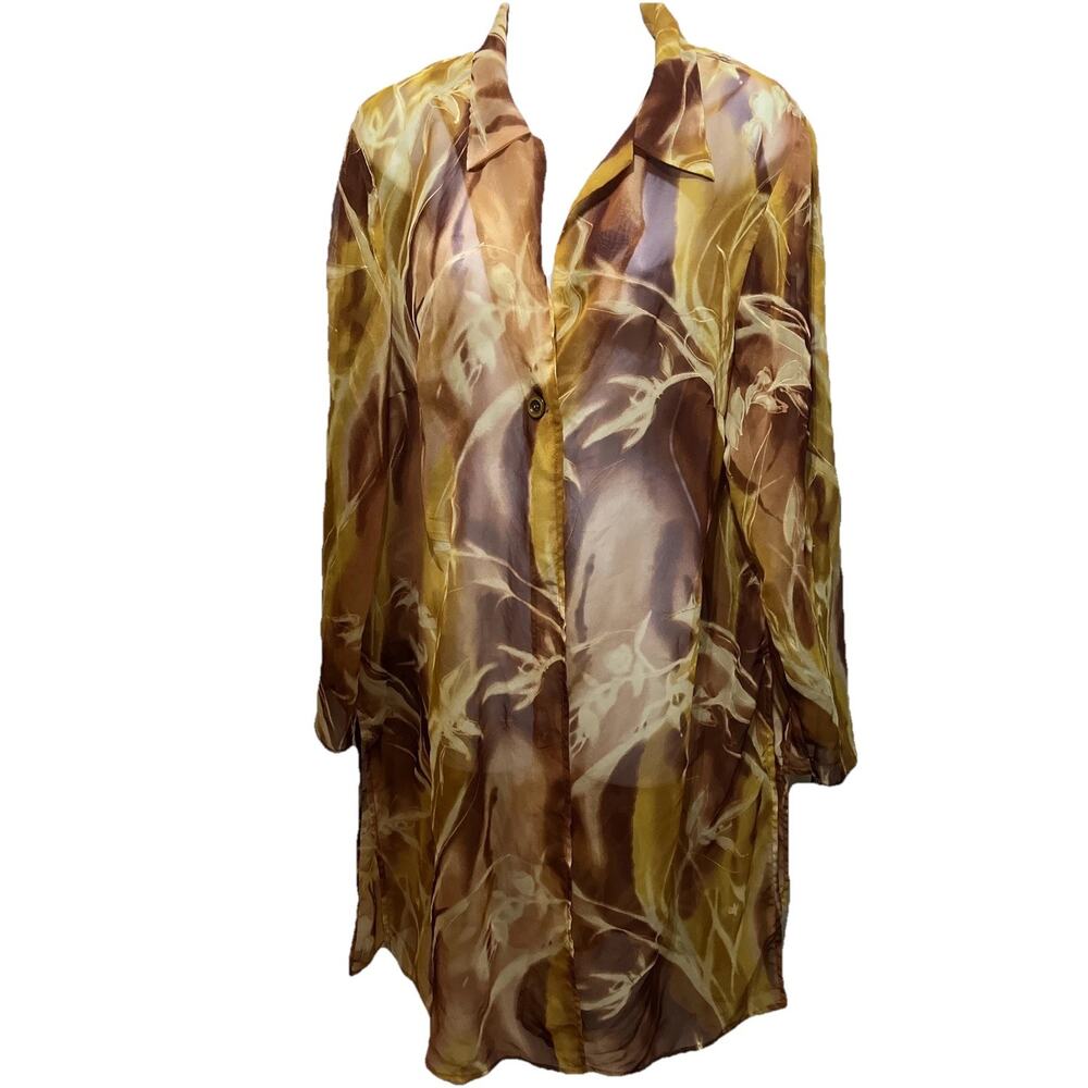 Ashley Stewart Womens 14 Sheer Button Down Top Cover Up Rust Gold Orange Print